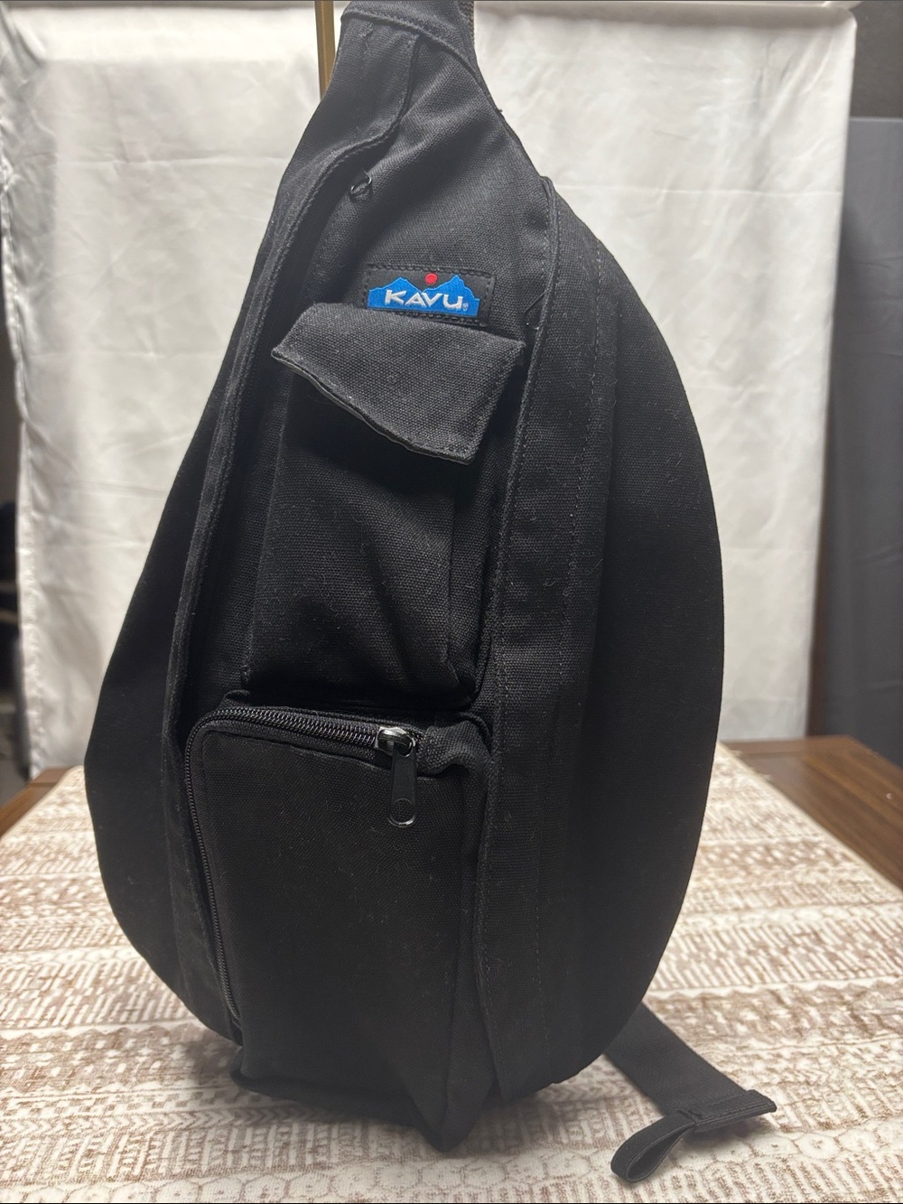 Kavu Black Sling Crossbody Bag with Blue Logo Patch